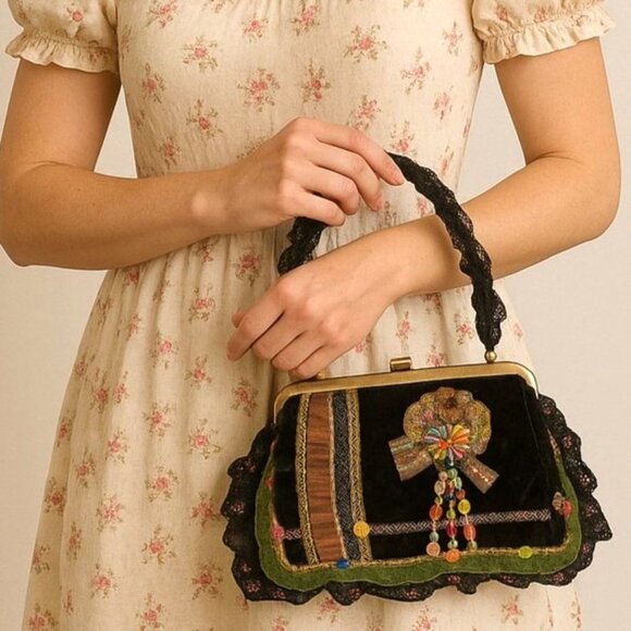 Ziba Velvet Beaded Purse Vintage Cottagecore Floral Lace Boho Romantic Handbag - Picture 1 of 16